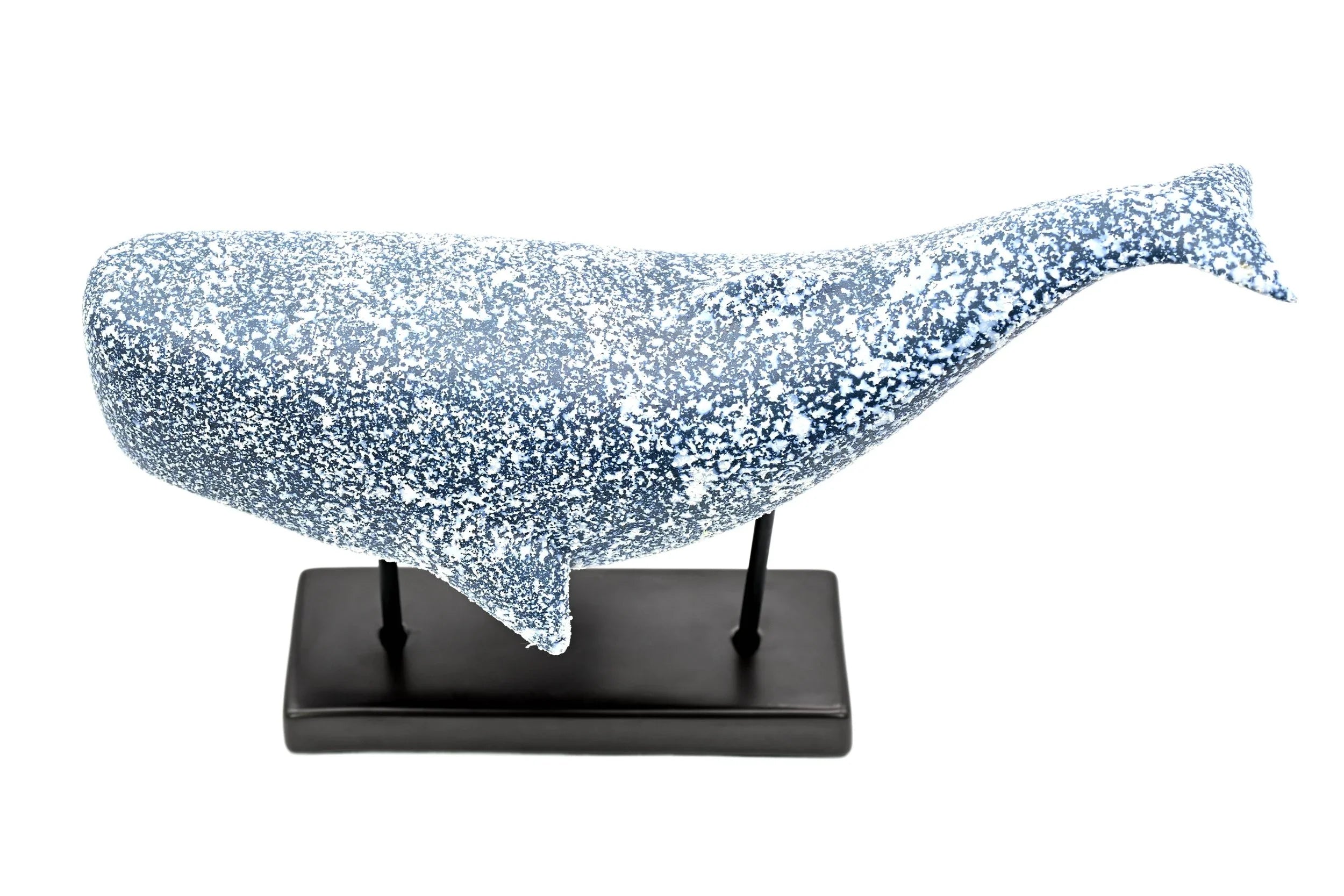 Handcrafted Coastal Blue Porcelain Whale Sculpture on Metal Stand