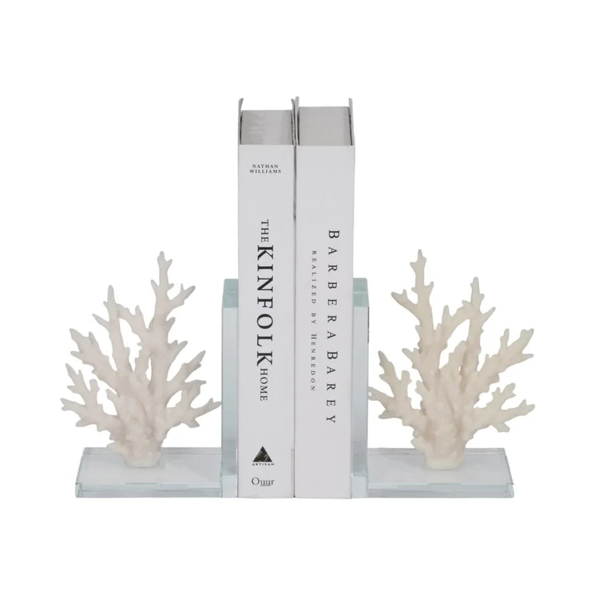 White Resin Coral Bookends on Glass Base – Set of 2 (7")