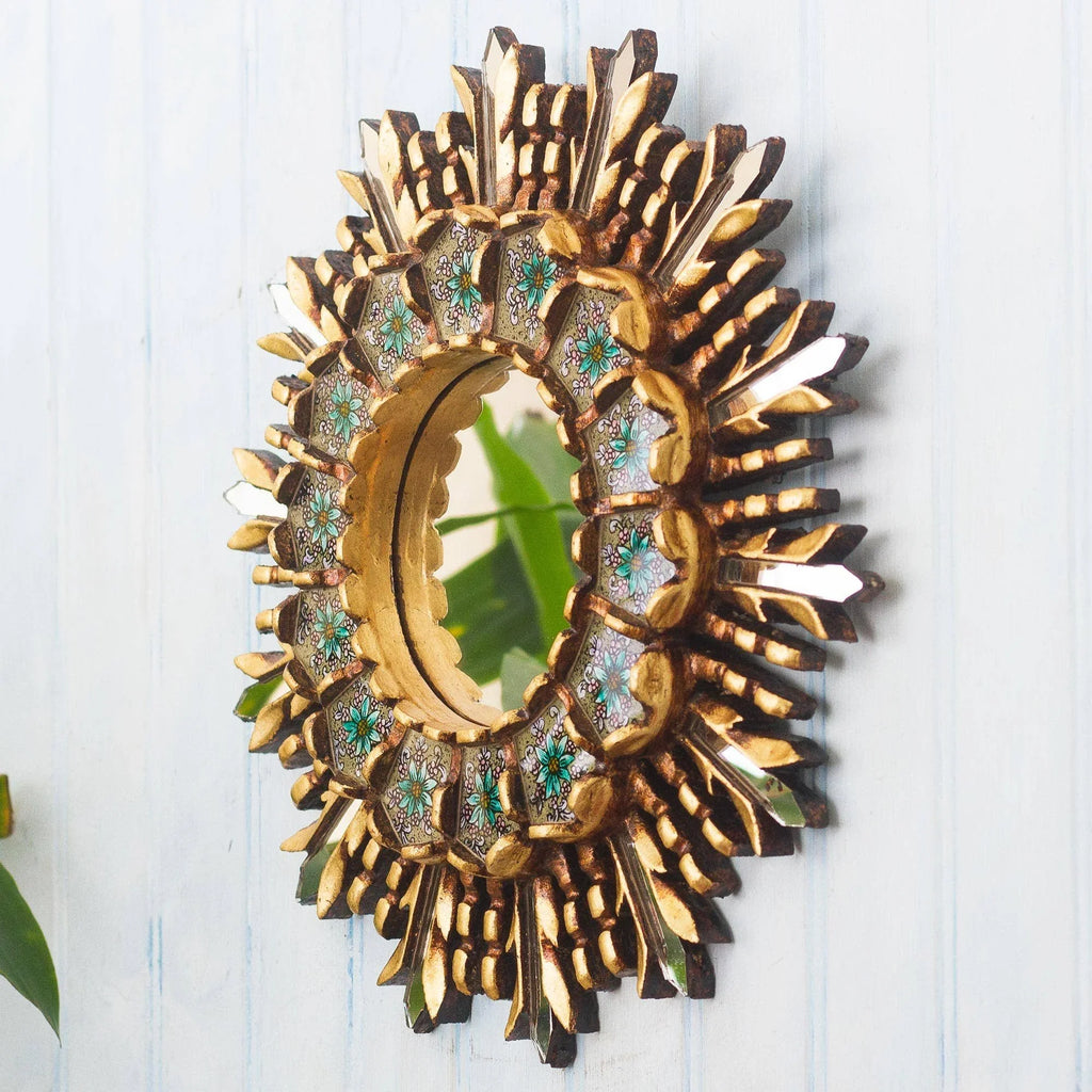 Cusco Meadow Reverse-Painted Glass Wall Mirror with Bronze Leaf Accents