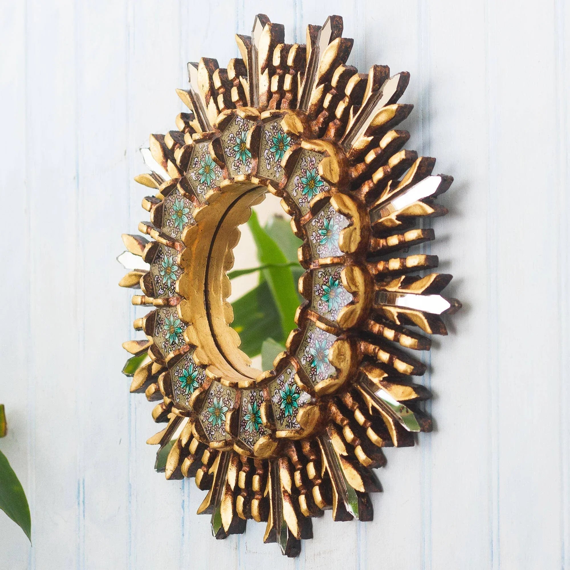 Cusco Meadow Reverse-Painted Glass Wall Mirror with Bronze Leaf Accents