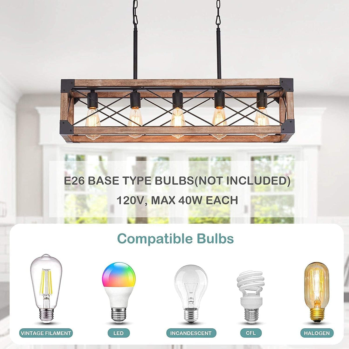 5 Lights Farmhouse Wood Linear Chandelier