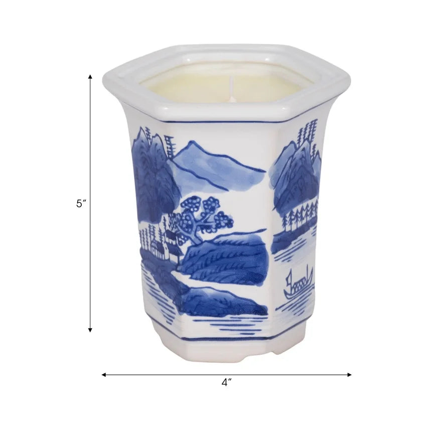 Ceramic Sage and Eucalyptus Chinoiserie Candle - Blue (6 oz)