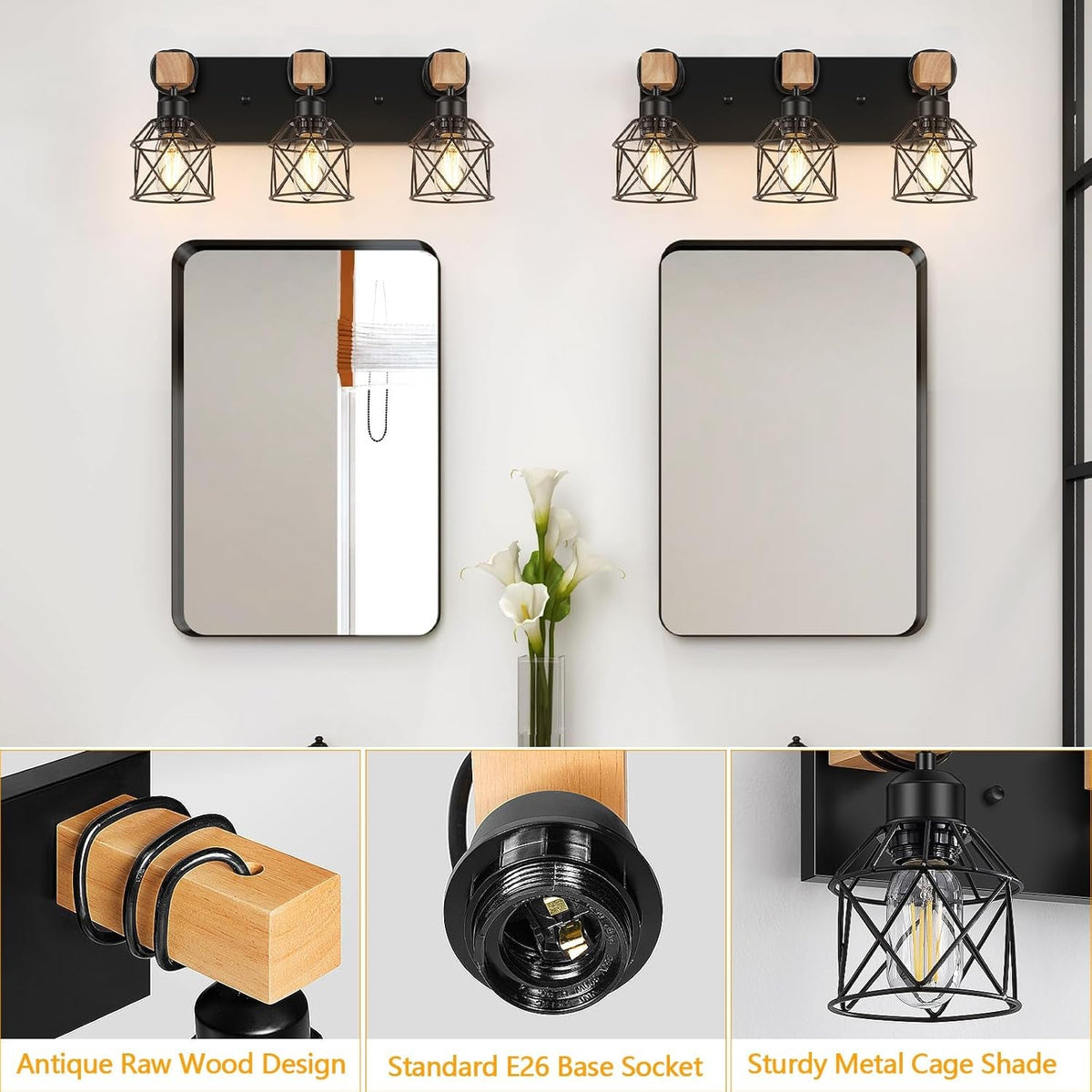 3-Light Wood Farmhouse Vanity Light