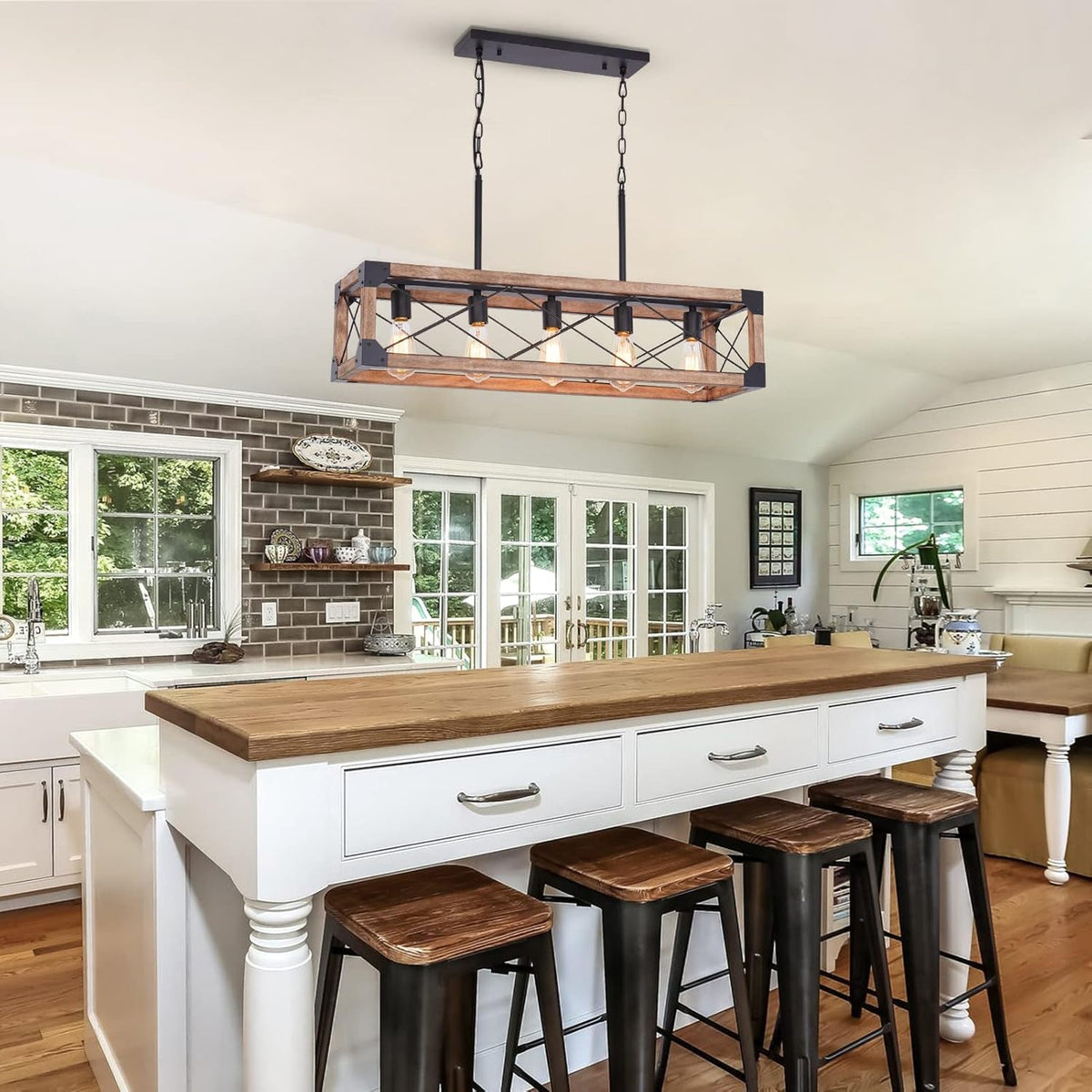 Farmhouse 5-Light Linear Chandelier with Solid Wood