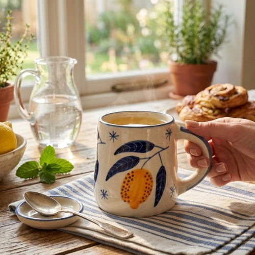 Mug à café Citron jaune | Grès peint à la main | 250 ml (lot de 2)