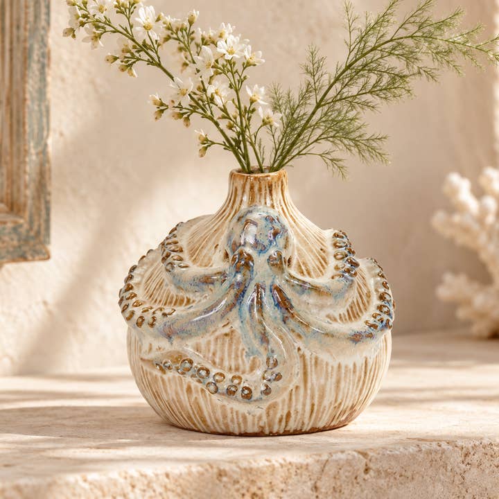 Small Cream & Ocean Blue Octopus Ceramic Vase