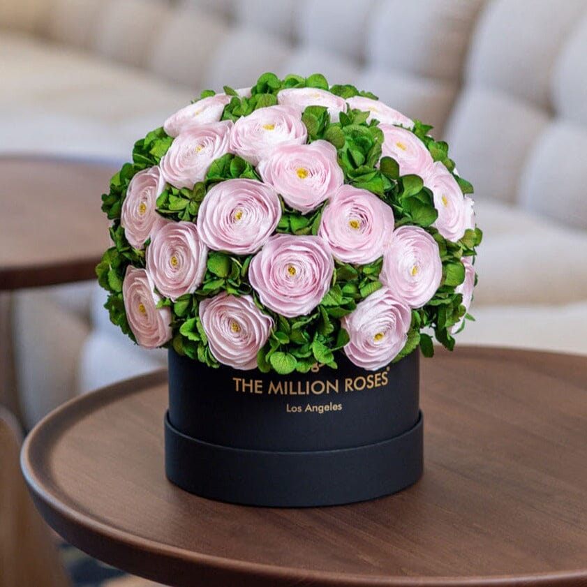 Boîte noire classique | Renoncules rose clair et hortensias verts