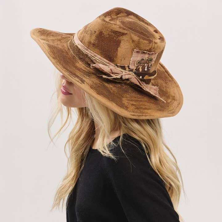 Rustic Cowgirl Feather and Band Fedora Hat MH0235 Hana Brown 58.4 cm