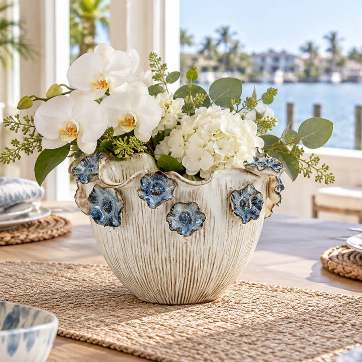 Small Thai Oyster White & Ocean Blue Lily Ceramic Bowl