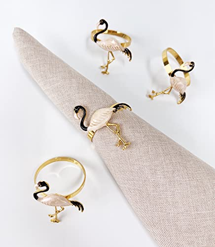 Ronds de serviette en métal émaillé motif flamant rose Fennco Styles, ensemble de 4 - Porte-serviettes décoratifs beiges pour la maison, la salle à manger, les banquets, les réunions de famille, les fêtes et les occasions spéciales