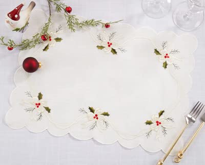 Embroidered Holly & Ribbon Design Holiday Placemats