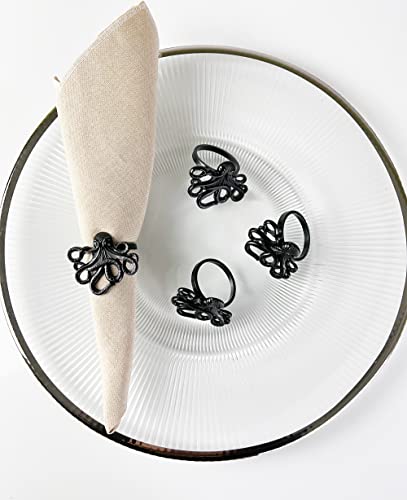 Fennco Styles Coastal Octopus Metal Napkin Rings, Set of 4 - Gold Nautical Napkin Holders for Home Décor, Dining Table, Banquets, Family Gathering and Special Occasions