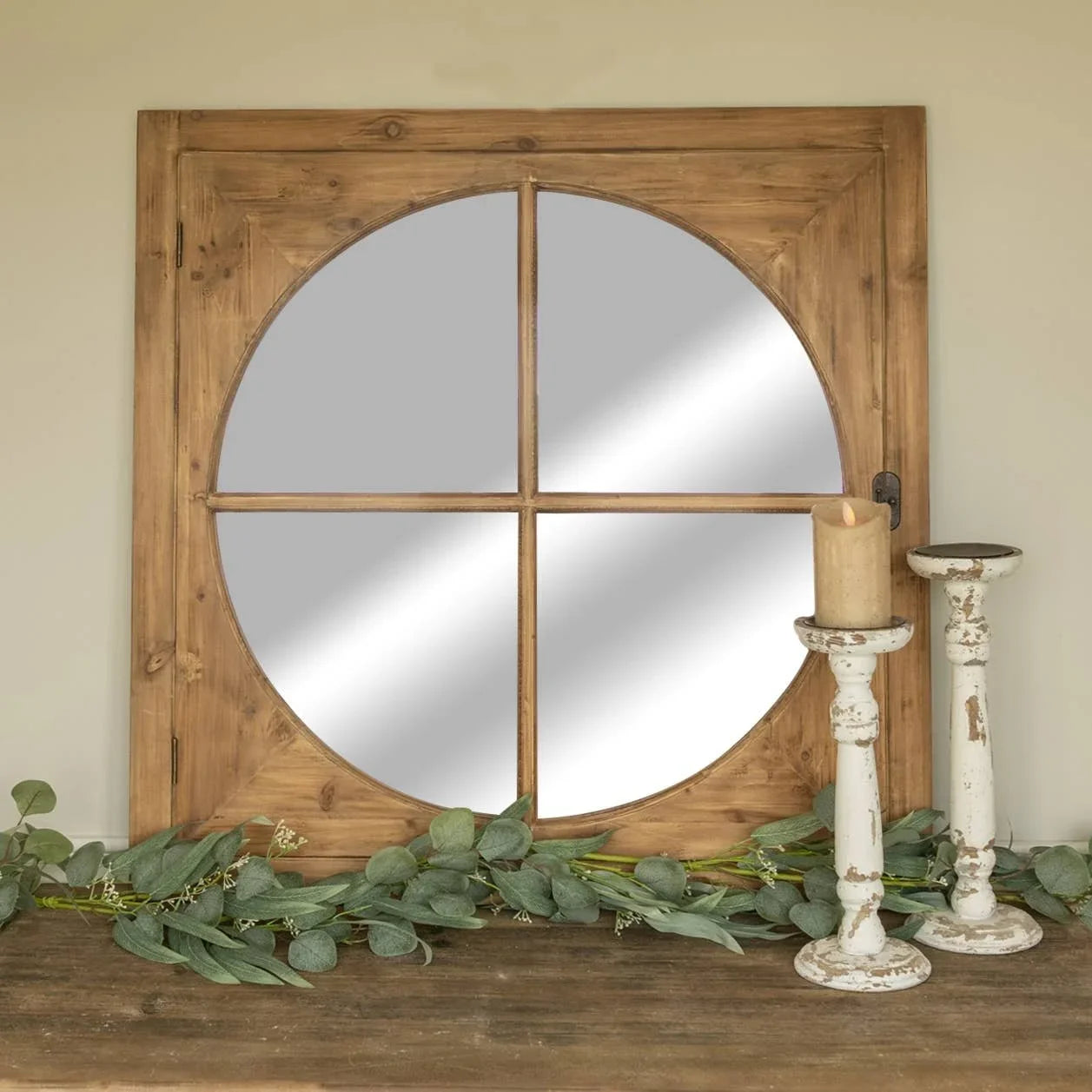 Elegant Large Grey Wooden Window Pane Arch Wall Mirror