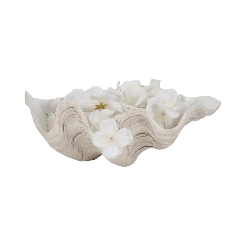 Ivory Pearlized Wavy Shell Bowl – Coastal Polyresin Accent (9")