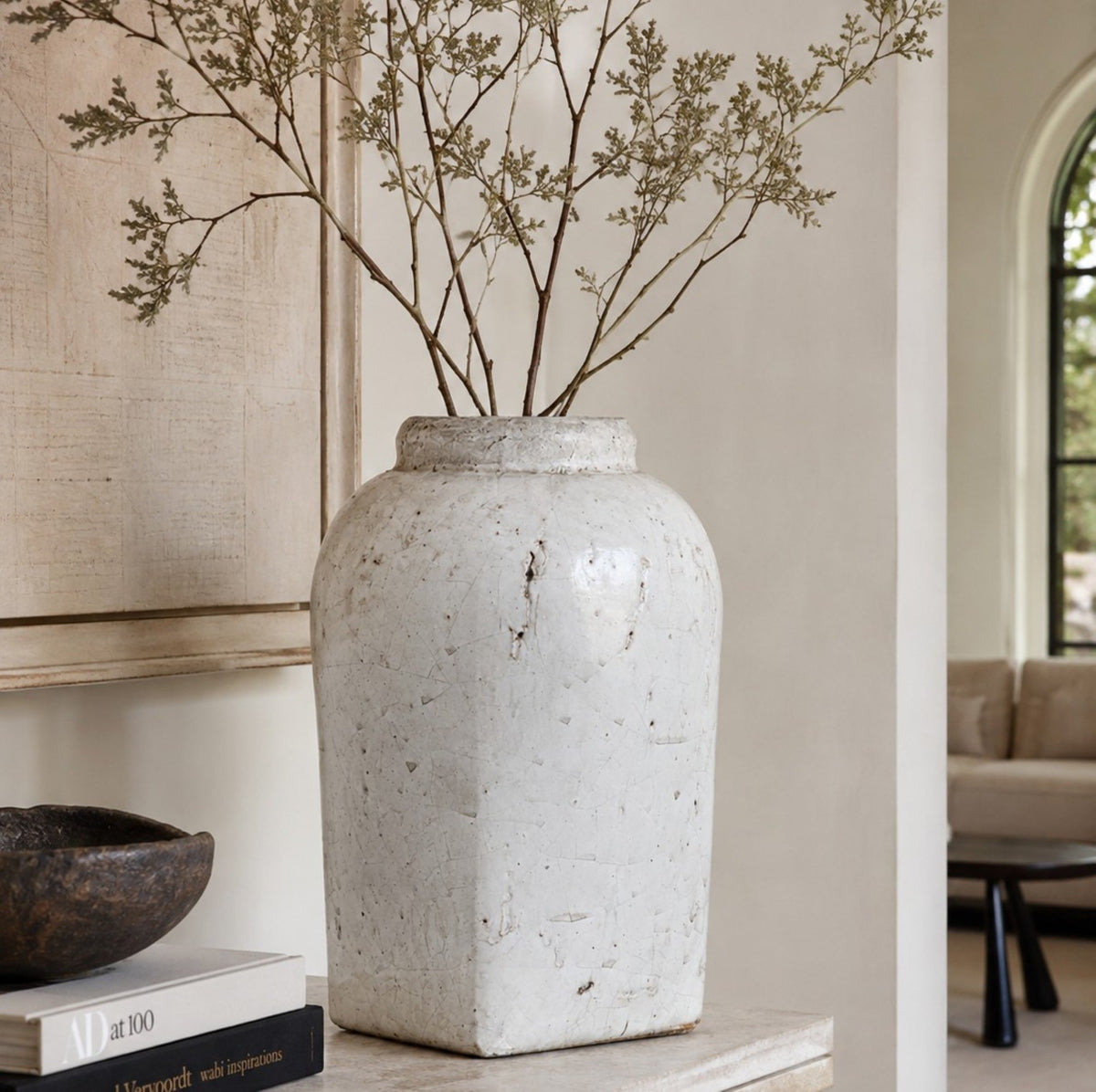 Aveline Distressed Antique White Stoneware Jar