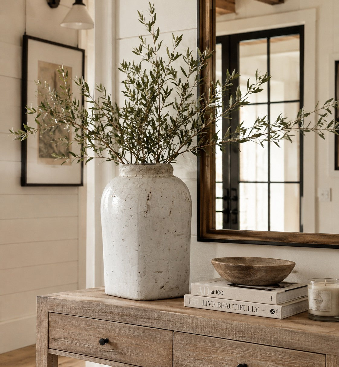 Aveline Distressed Antique White Stoneware Jar