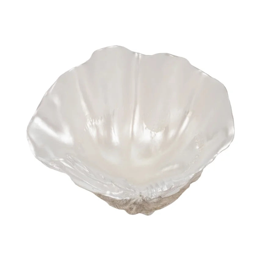 Ivory Pearlized Wavy Shell Bowl – Coastal Polyresin Accent (9")