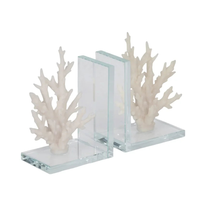 White Resin Coral Bookends on Glass Base – Set of 2 (7")