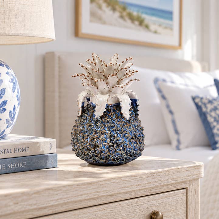 Medium Blue & White Pineapple Ceramic Vase