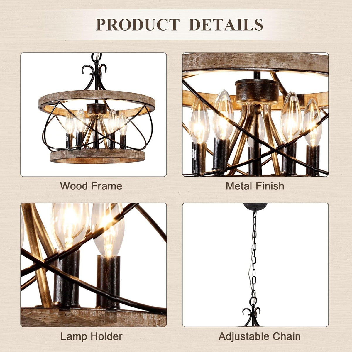 5-Light Farmhouse Drum Wood Chandelier