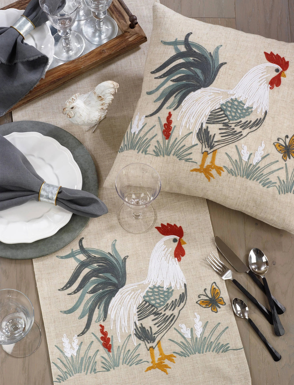 Rustic Rooster Embroidered Table Runner