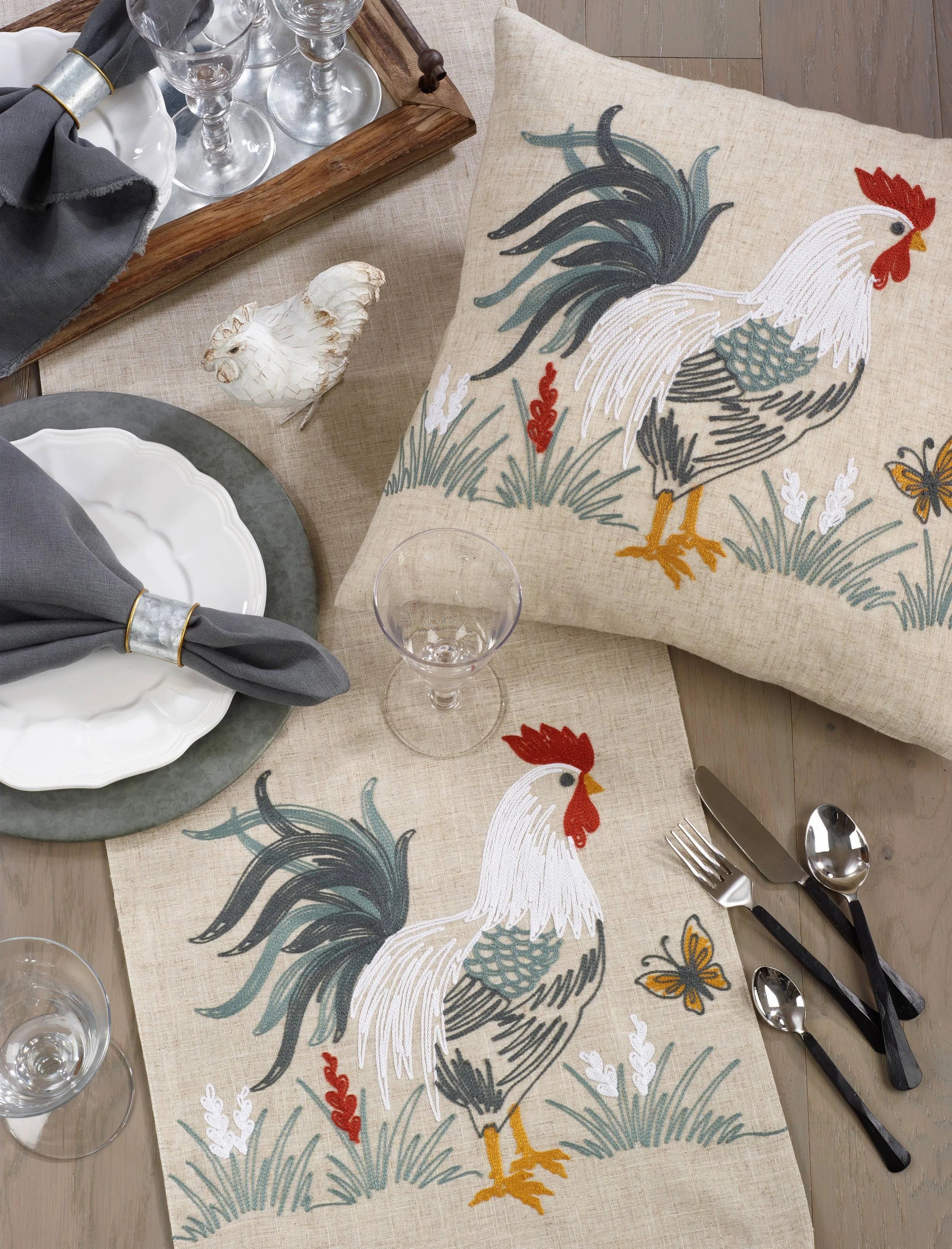 Rustic Rooster Embroidered Table Runner