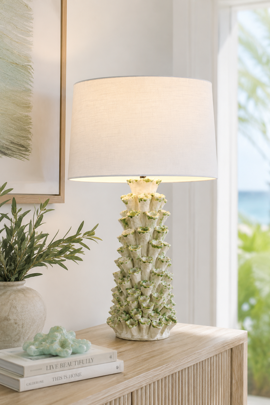 White & Green Coral Ceramic Table Lamp