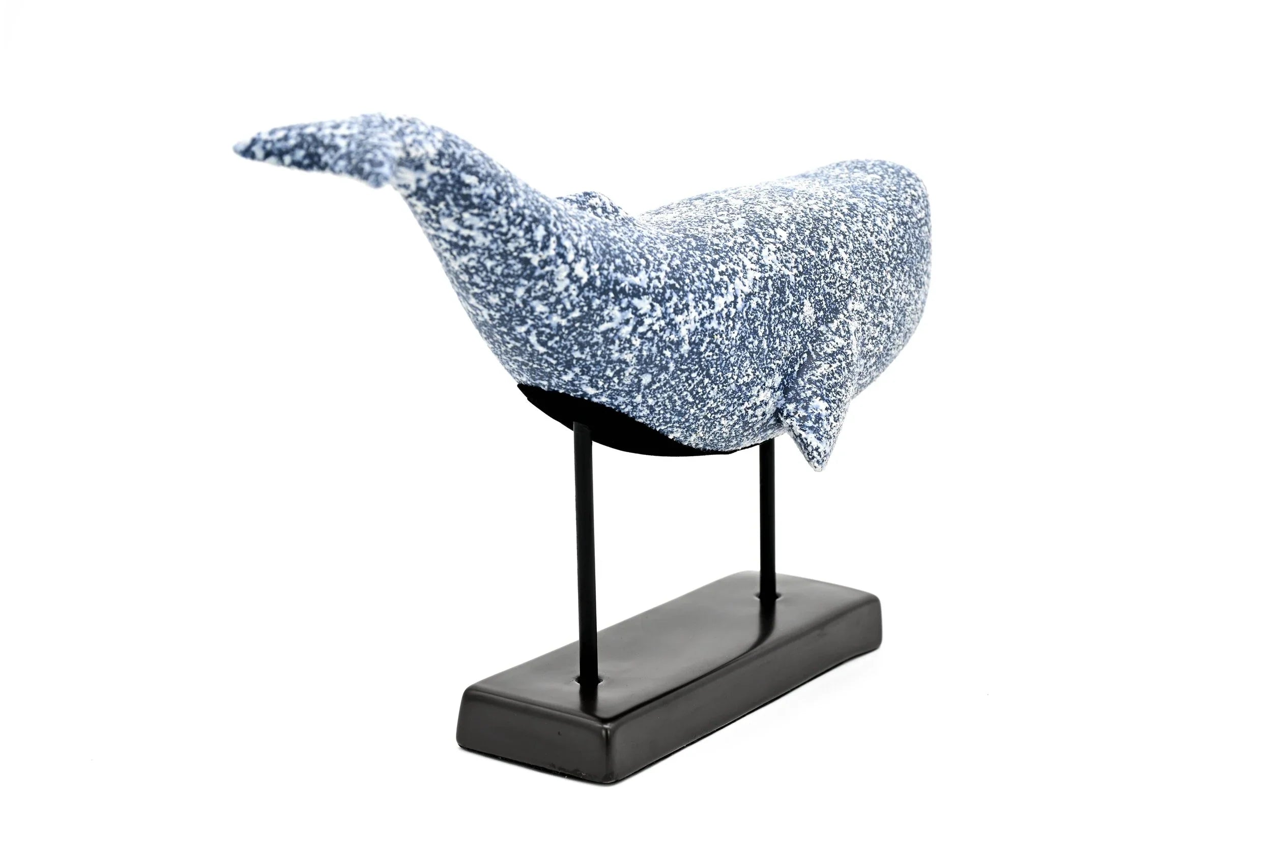 Handcrafted Coastal Blue Porcelain Whale Sculpture on Metal Stand