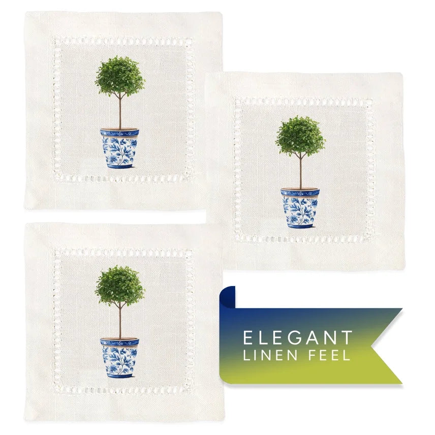Chinoiserie Topiary Pot Hemstitch Napkins (Set of 6)