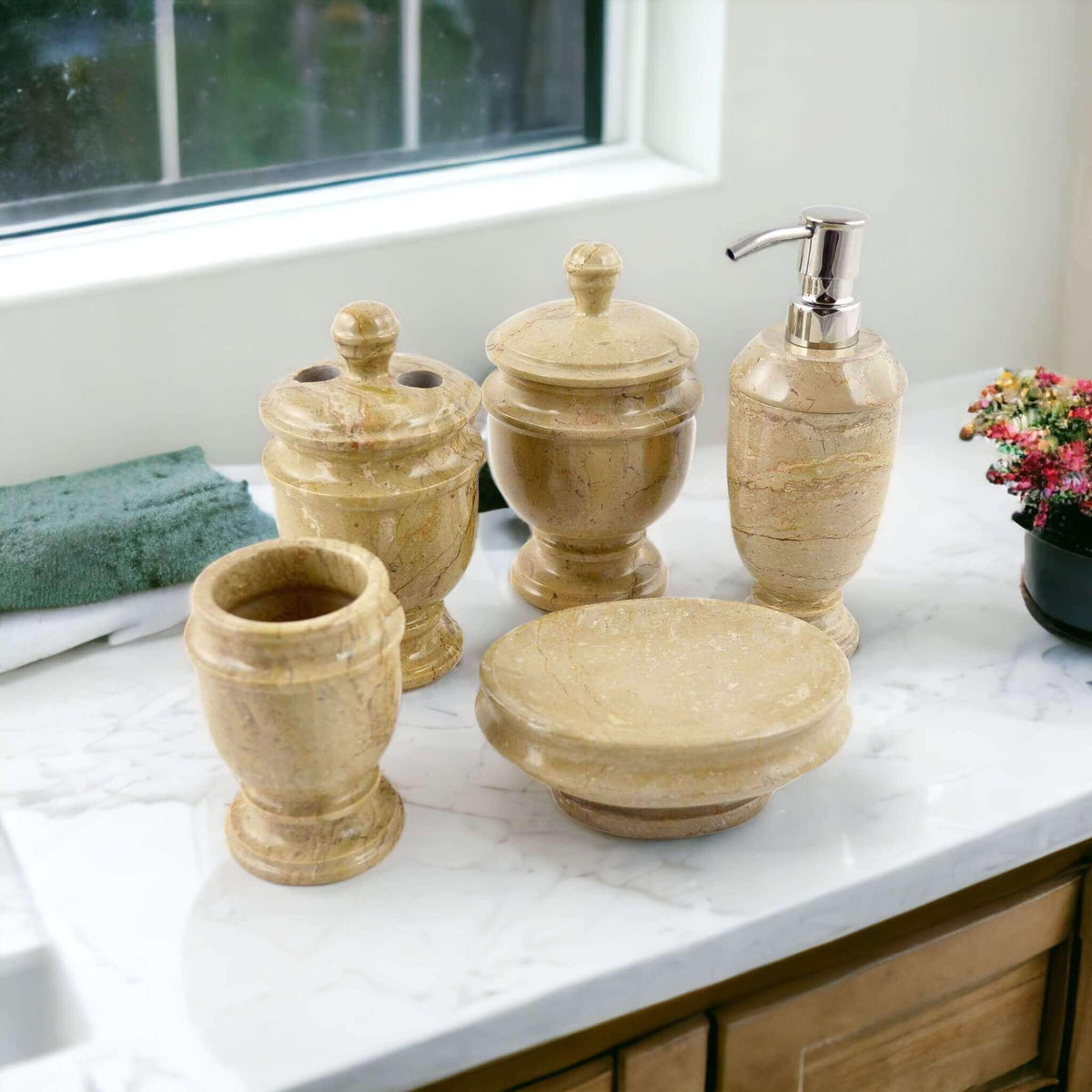 5 Piece Bathroom Set | Beige Marble