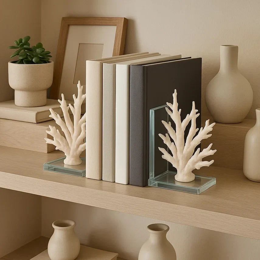 White Resin Coral Bookends on Glass Base – Set of 2 (7")
