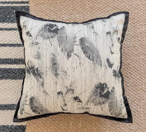 Fennco Styles Art Style Leaf Feather Design Jacquard Throw Pillow Cover 18" W X 18" L – Black Woven Square Cushion Case for Couch, Sofa, Bedroom, Office and Living Room Décor
