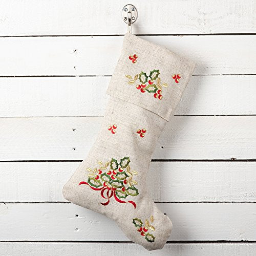 Embroidered Holly Design Decorative Linen Blend Christmas Tree Skirt and Stocking