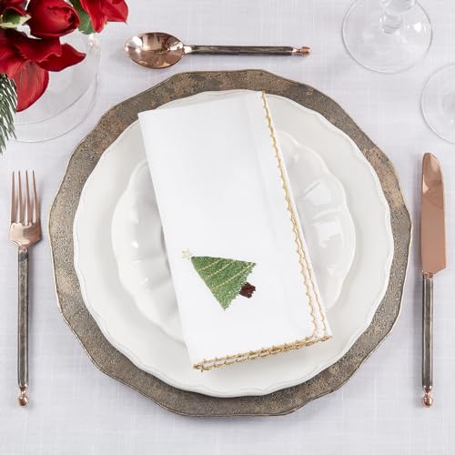 Serviettes de table en tissu à point de feston avec couronne de fêtes brodée