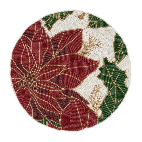 Hand Beaded Poinsettia Christmas Placemat 14" Round