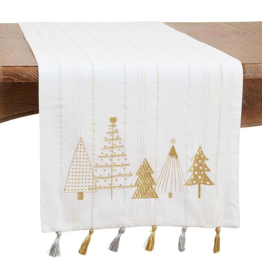 Embroidered Christmas Trees Tassel Cotton Table Runner (16" W x 72" L)