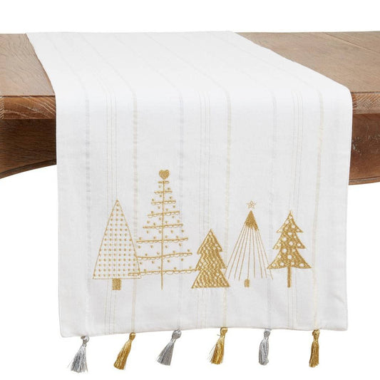 Embroidered Christmas Trees Tassel Cotton Table Runner (16" W x 72" L)