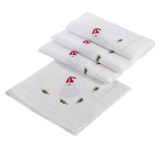 Serviettes de table en coton et lin blanc brodées avec ourlet à jour, motif Père Noël