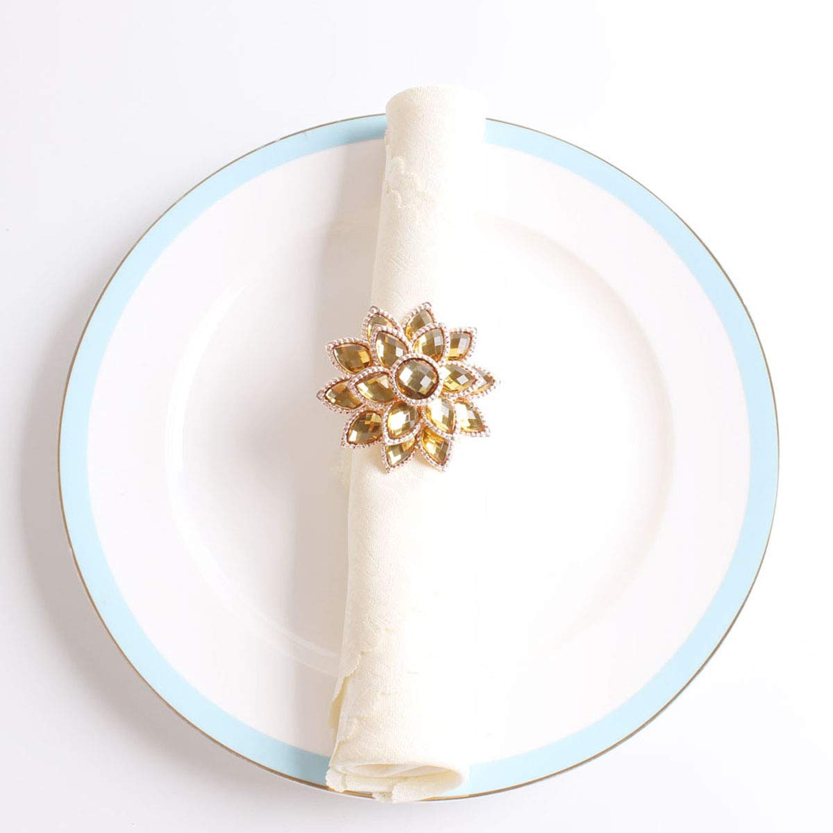 Fennco Styles Rhinestone Crystal Flower Napkin Rings Wedding Holiday Table Decoration - Set of 4