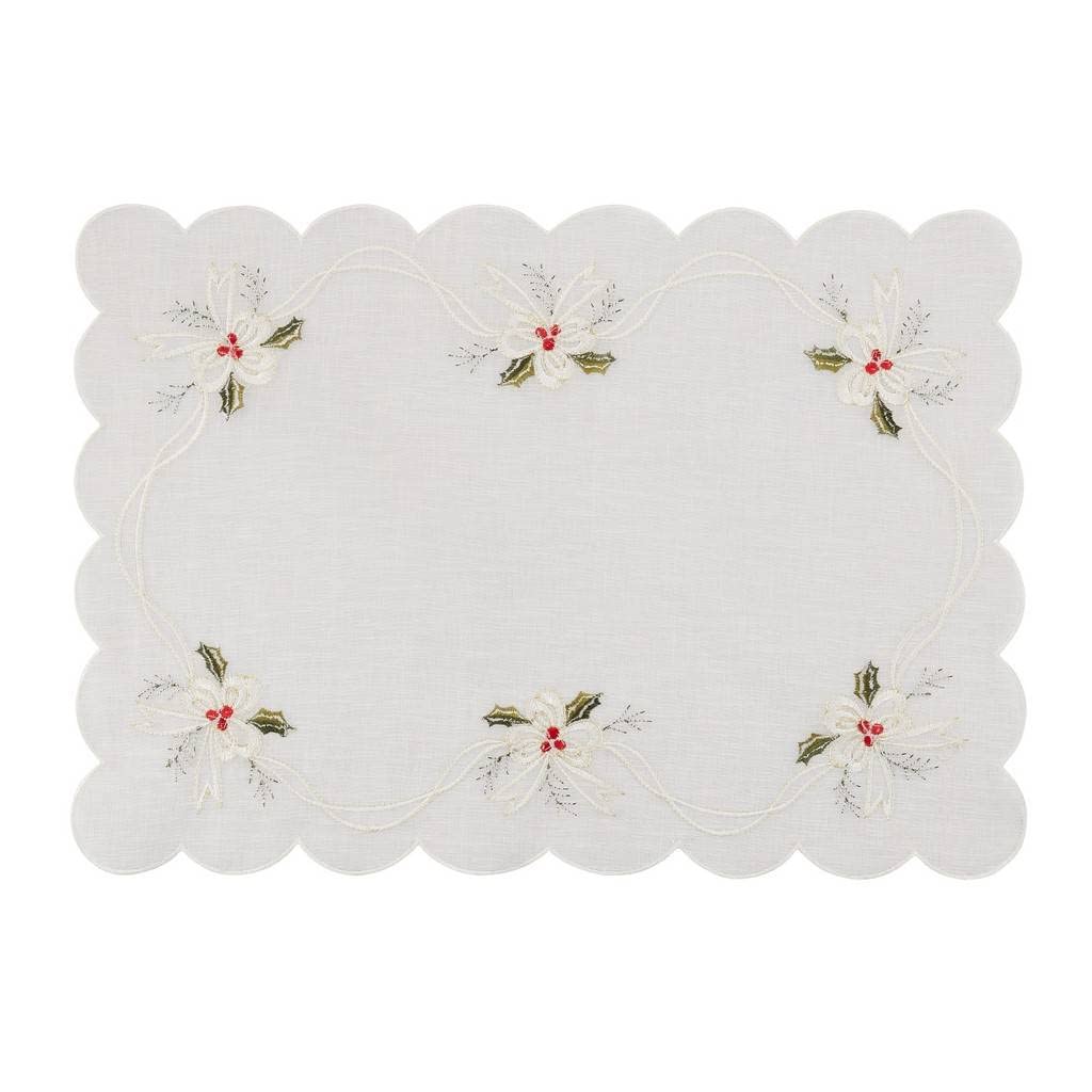 Embroidered Holly & Ribbon Design Holiday Placemats