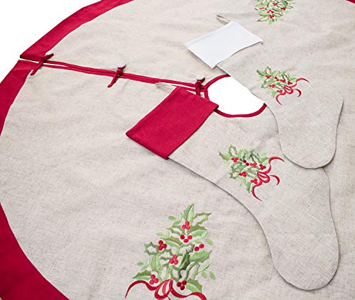 Embroidered Holly Christmas Tree Holiday Decorative Tree Skirt