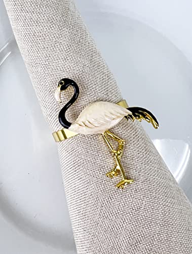 Ronds de serviette en métal émaillé motif flamant rose Fennco Styles, ensemble de 4 - Porte-serviettes décoratifs beiges pour la maison, la salle à manger, les banquets, les réunions de famille, les fêtes et les occasions spéciales