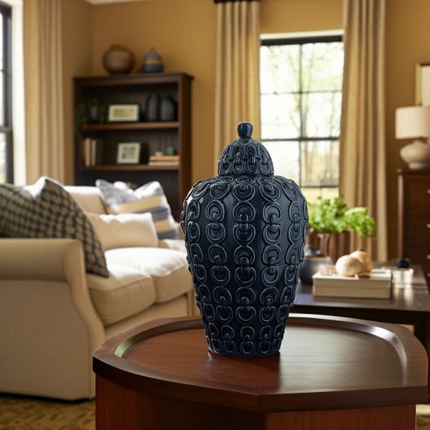 Blue Ceramic Chain-Textured Decorative Jar with Lid – 12"