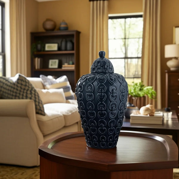 Blue Ceramic Chain-Textured Decorative Jar with Lid – 12"