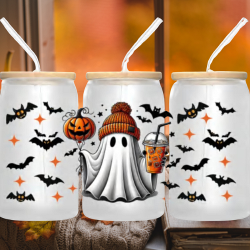 Gobelet en verre 16 oz fantôme mignon pour Halloween – Couvercle et paille, cadeau pour la saison effrayante