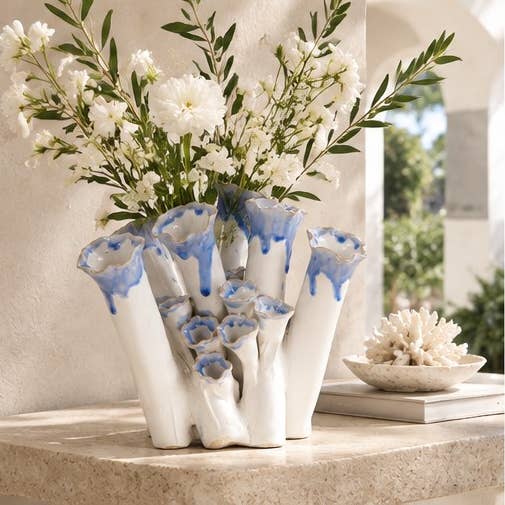 Sea Coral Blue and White Ceramic Vase