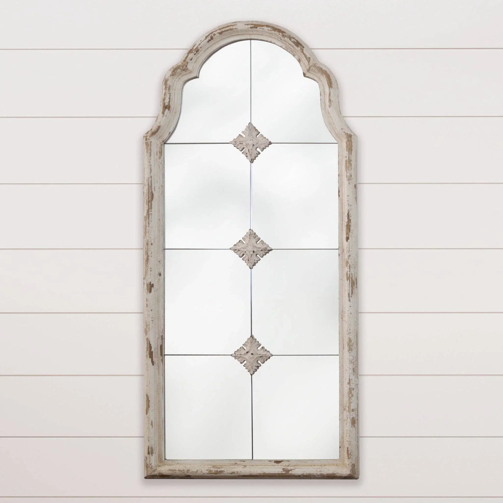 Elegant Large Grey Wooden Window Pane Arch Wall Mirror