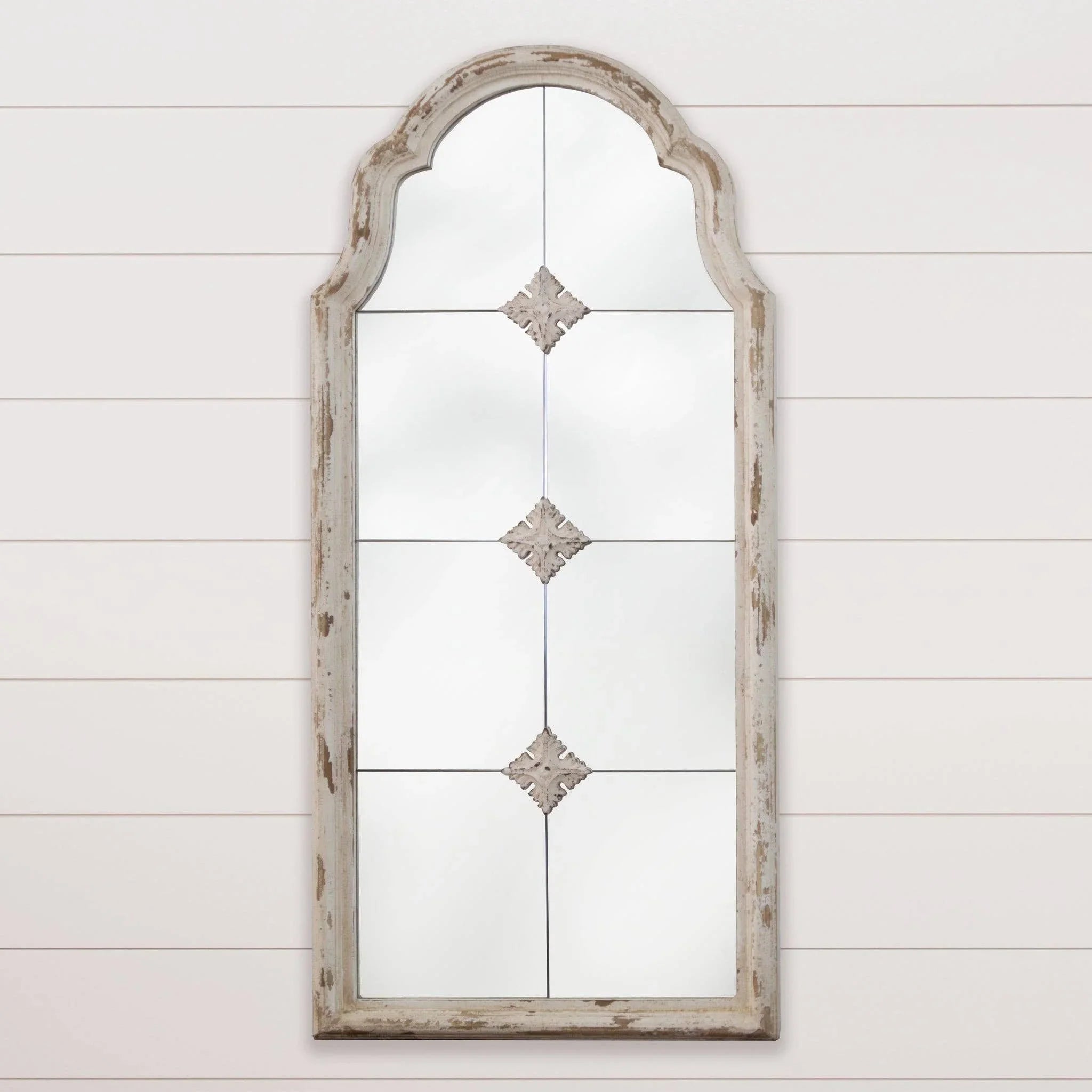 Elegant Large Grey Wooden Window Pane Arch Wall Mirror