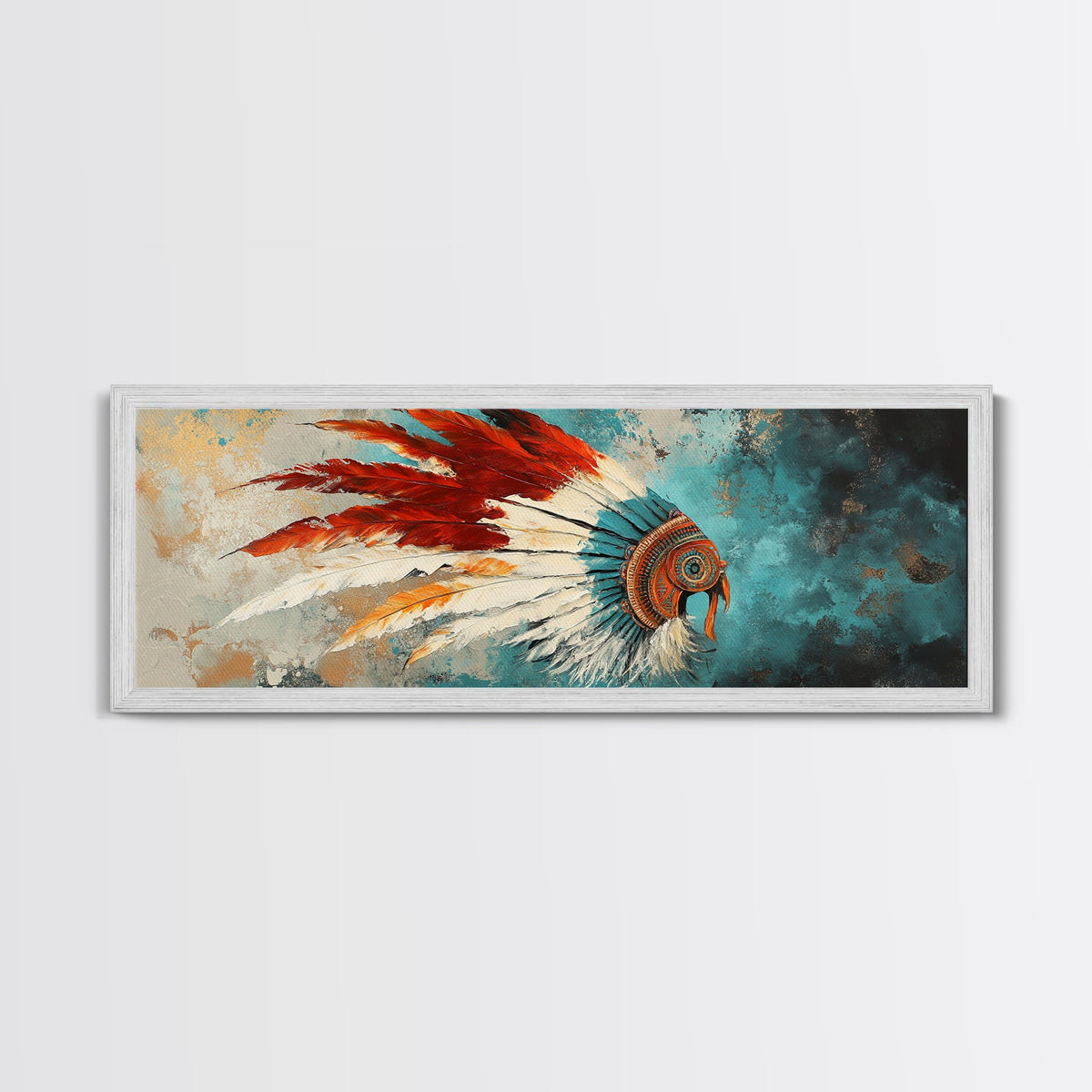 Native American Headdress, modern portrait, southwest wall art, moody art, framed canvas print, gift idea for her