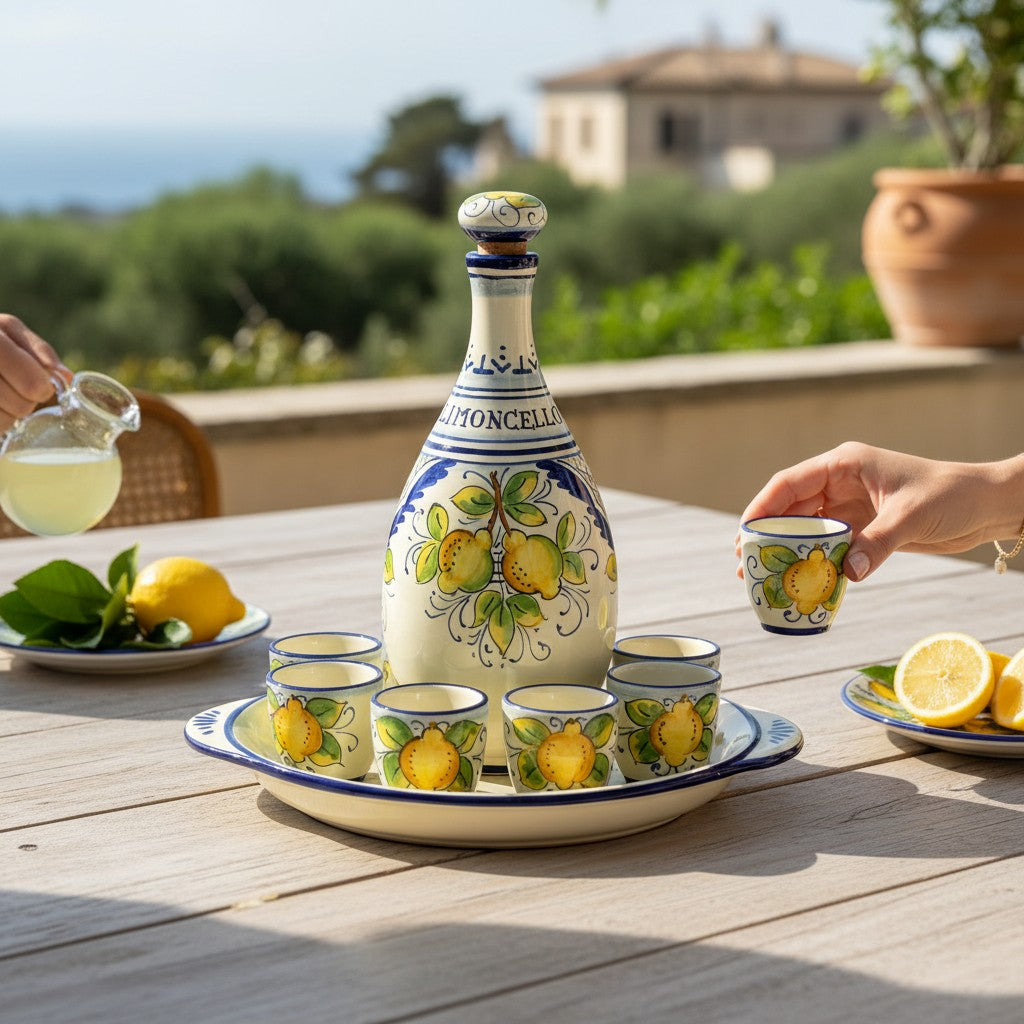 LIMONCELLO: Set da limoncello con decorazioni blu - Bottiglia con tappo, vassoio e 6 bicchierini - (Liquore al limoncello non incluso)